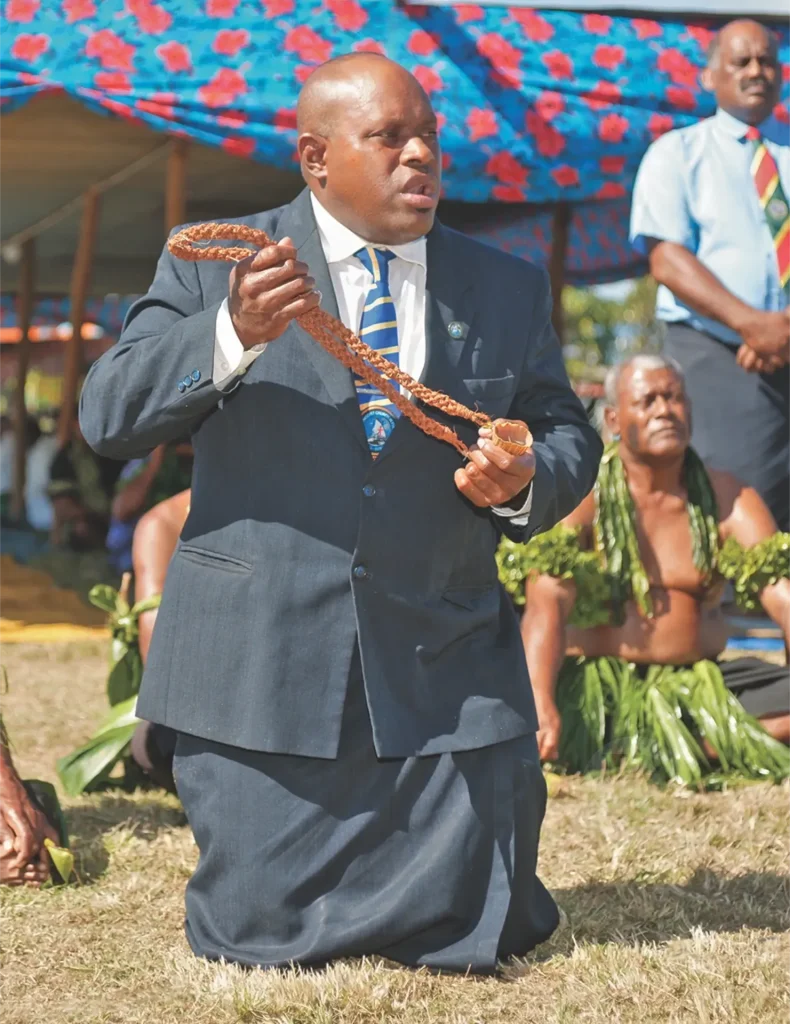Fijian Mata ni vanua (herald) formally replying after the reception of the ivakasobu tabua during a traditional welcome ceremony.