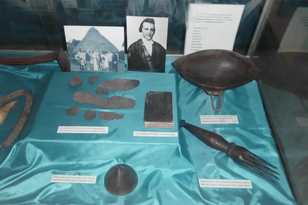 Items on display at the Fiji Museum regarding the Reverend Bakers Display. Pieces of the soles of his boots, his ordination bible, and yaqona bilo or cup and a dish in which some of his flesh was offer to a high chief and am ai cula ni bokola - a fork used for eating human flesh called  Bokola - human flesh was cooked in special ovens and eaten by dedicated utensils. 
