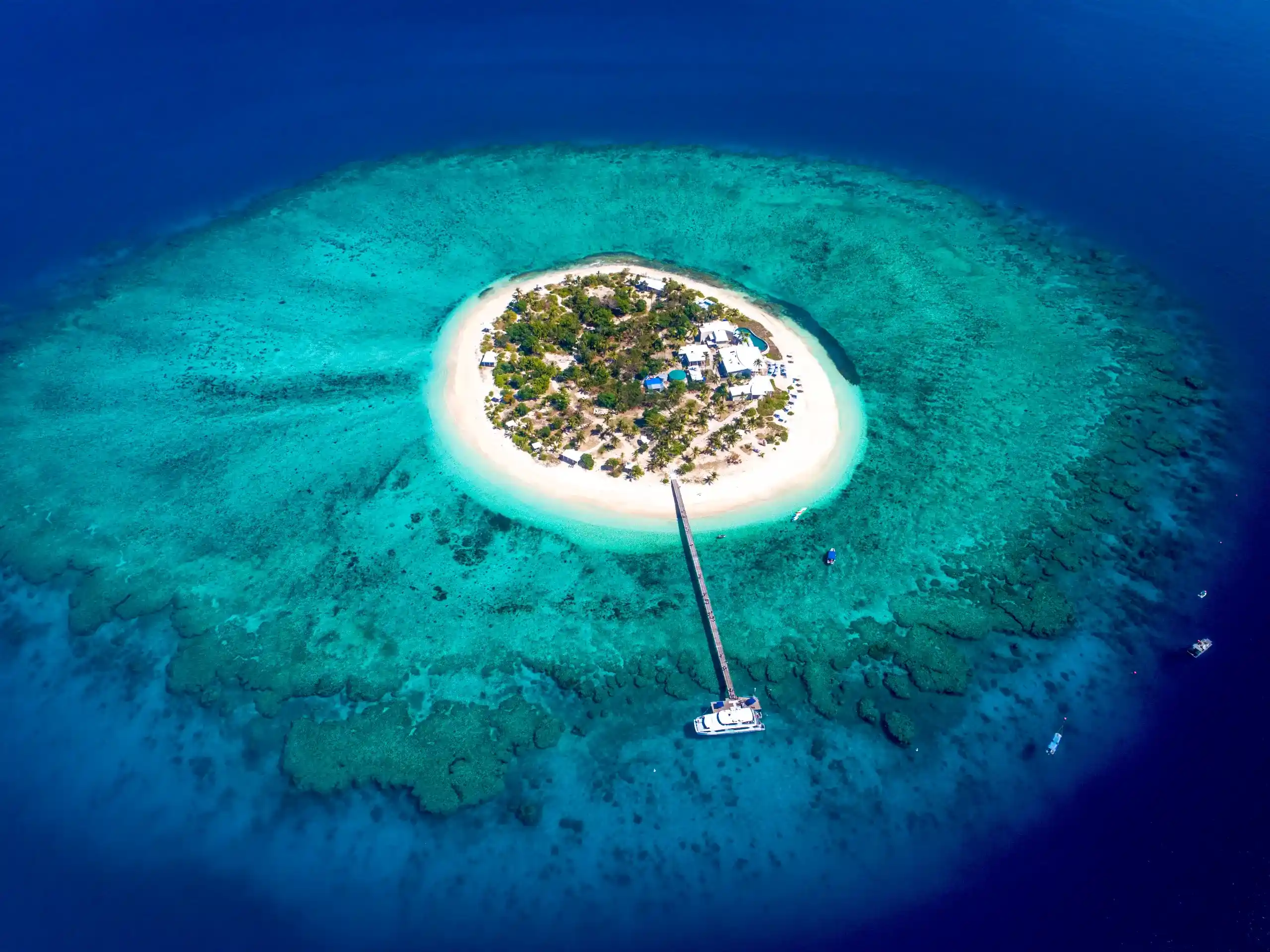 High-elevation aerial view, near-vertical angle in full midday sun, showing Malamala Beach Club islet with dramatic colours, vibrant coral reef structure, high contrast with calm deep blue surrounding waters, white sand beach, and jetty extending to berthed South Sea Cruises catamaran, Mamanuca Islands, Fiji.
