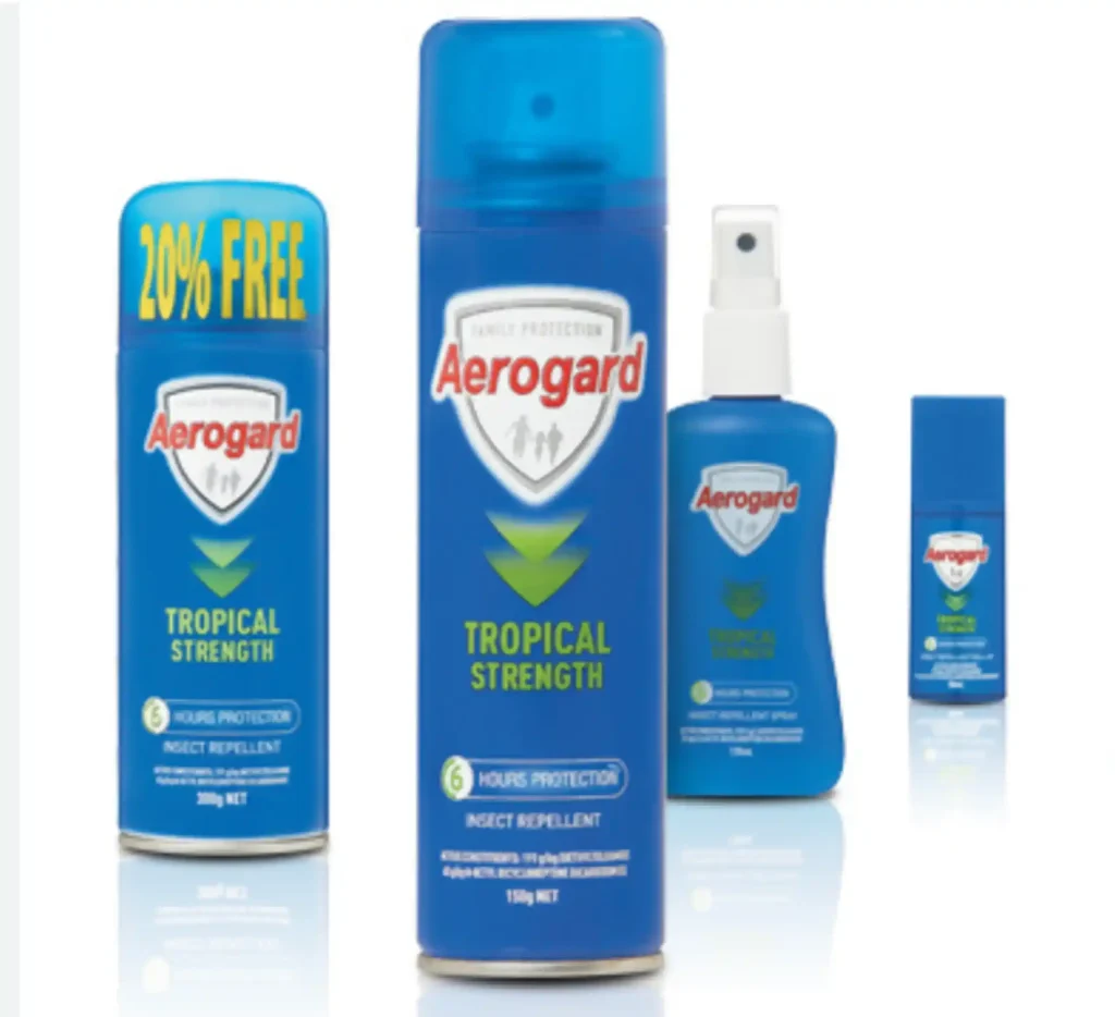 Picture of aerosol cans, pump and roll-on applicators of Aerogard Tropical Strength Insect Repellent. The best protection against mosquitoes and other insects like sandflies. Aerosol, which is the best, and pump and roll-on applications are available in pharmacies and supermarkets if in stock. supermarkets